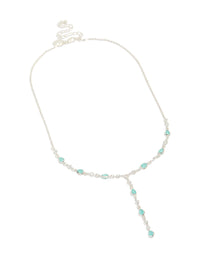 Presenting a statement necklace crafted from silver plated metal with cubic zirconia oval stones in turquoise front view - link has visual effect only