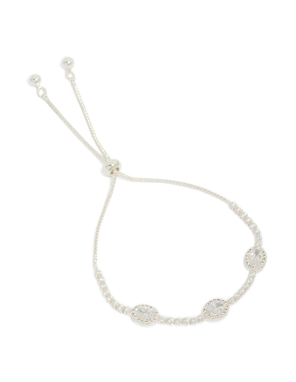 Silver Plated Cubic Zirconia Halo Oval Tennis Toggle Bracelet