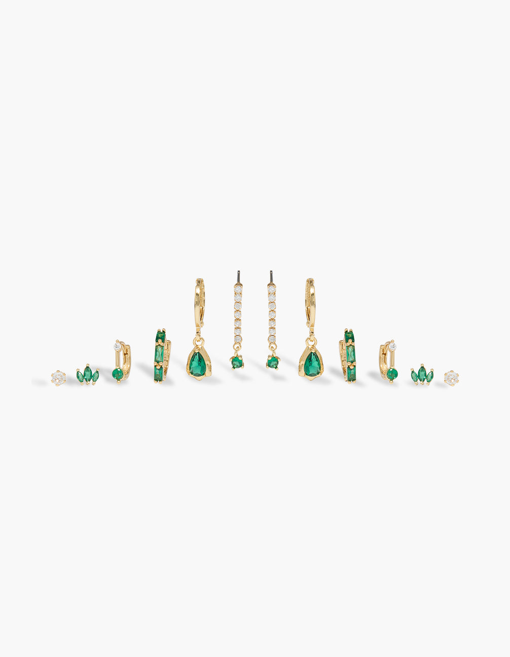 Beautifully crafted gold plated emerald cubic zirconia bezel earrings 6-pack featuring crystal accents in a stunning front view