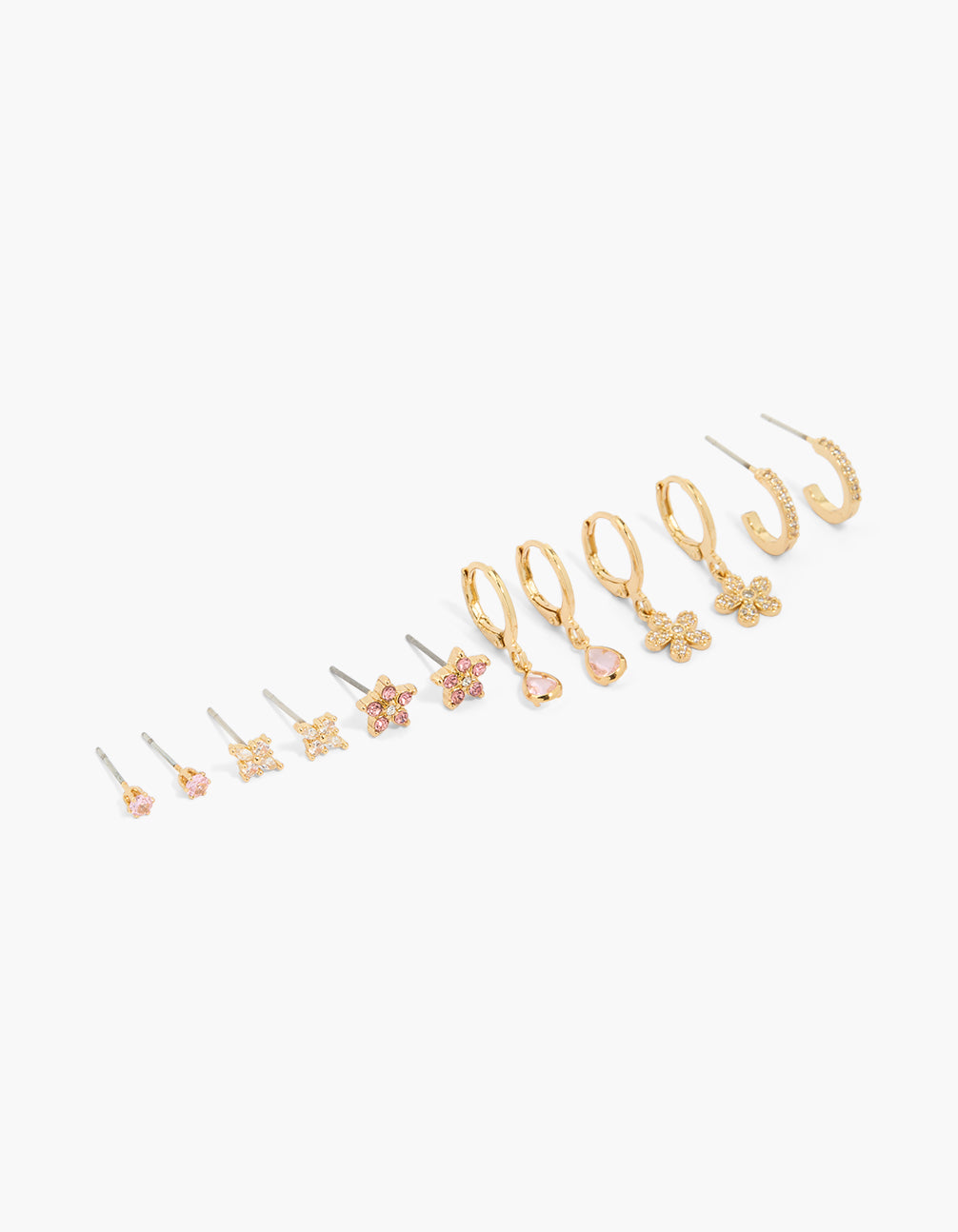 Showcasing gold plated pink cubic zirconia and flower earrings 6-pack with floral crystal huggie stud closures front view