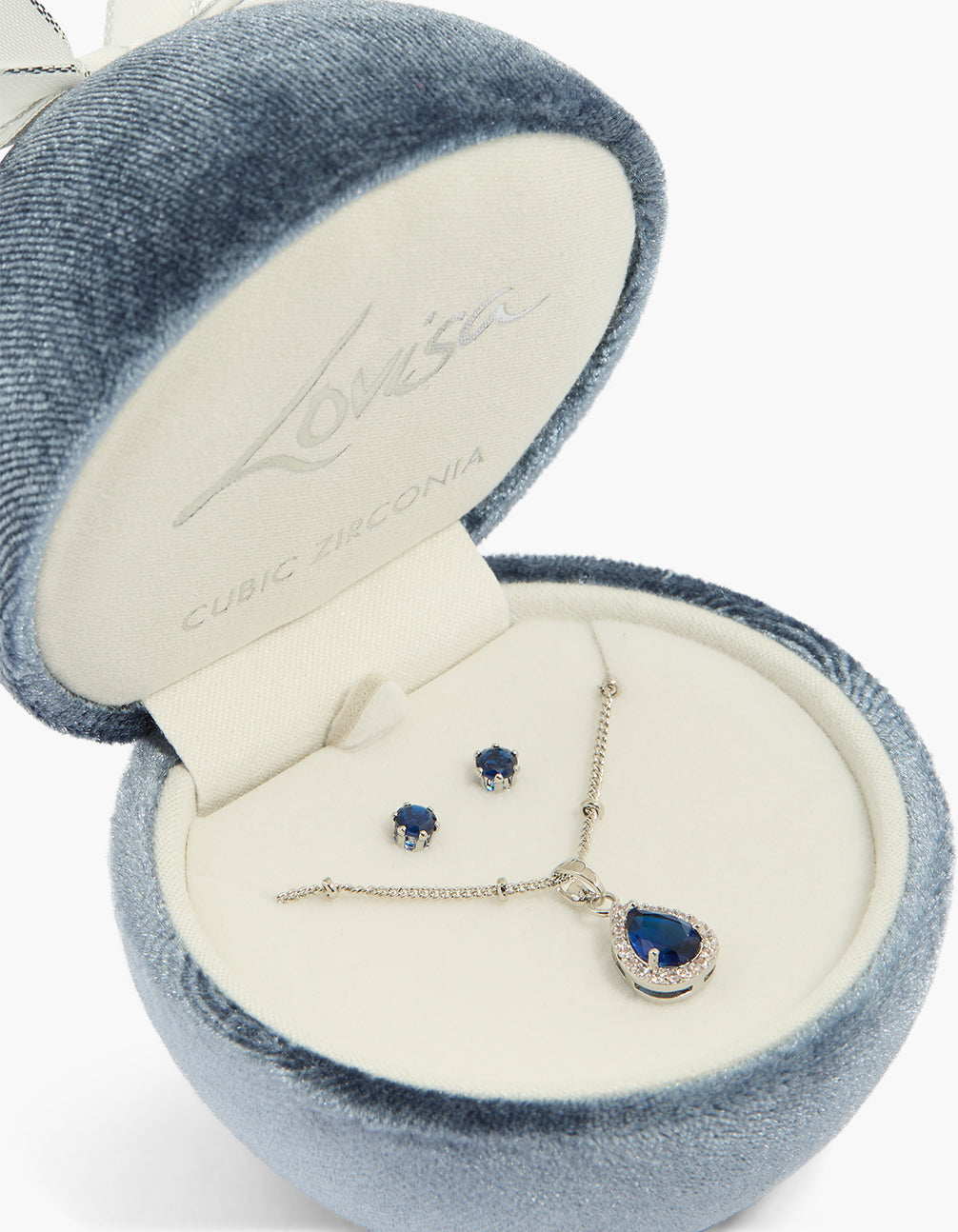 Silver Sapphire Cubic Zirconia Teardrop Earrings & Necklace Set