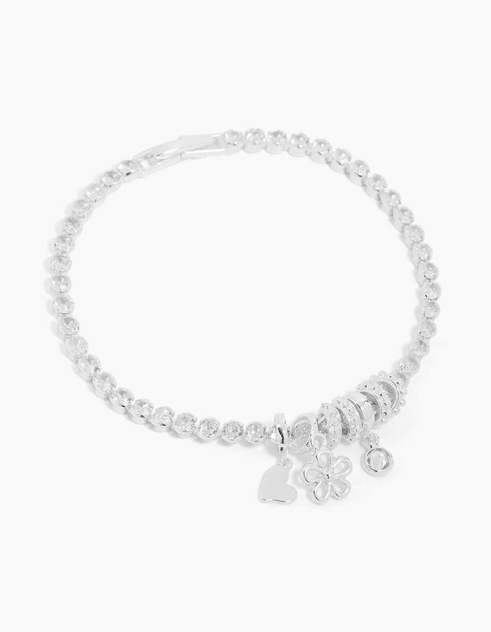 Showcasing a silver plated tennis bezel heart and flower bracelet with beads, floral charm, cubic zirconia crystal accents front view