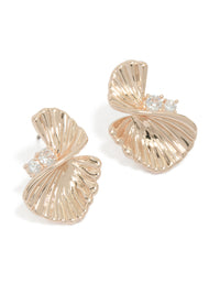 Showcasing statement rose gold plated textured cubic zirconia fan stud earrings front view - link has visual effect only