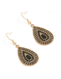 Stunning gold black diamante teardrop filigree drop earrings front view - link has visual effect only