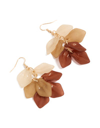Showcasing statement drop earrings featuring floral petal in gold, tan, and sienna tones front view - link has visual effect only