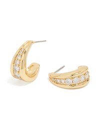 Beautifully crafted drop shaped hoop earrings in gold plated finish featuring cubic zirconia front view - link has visual effect only