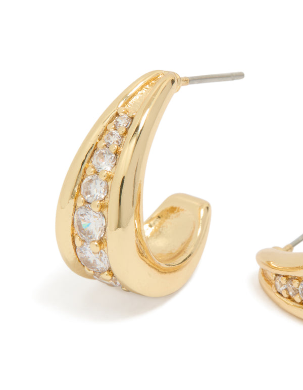 Stunning drop shaped hoop earrings in gold plated finish with cubic zirconia close up view