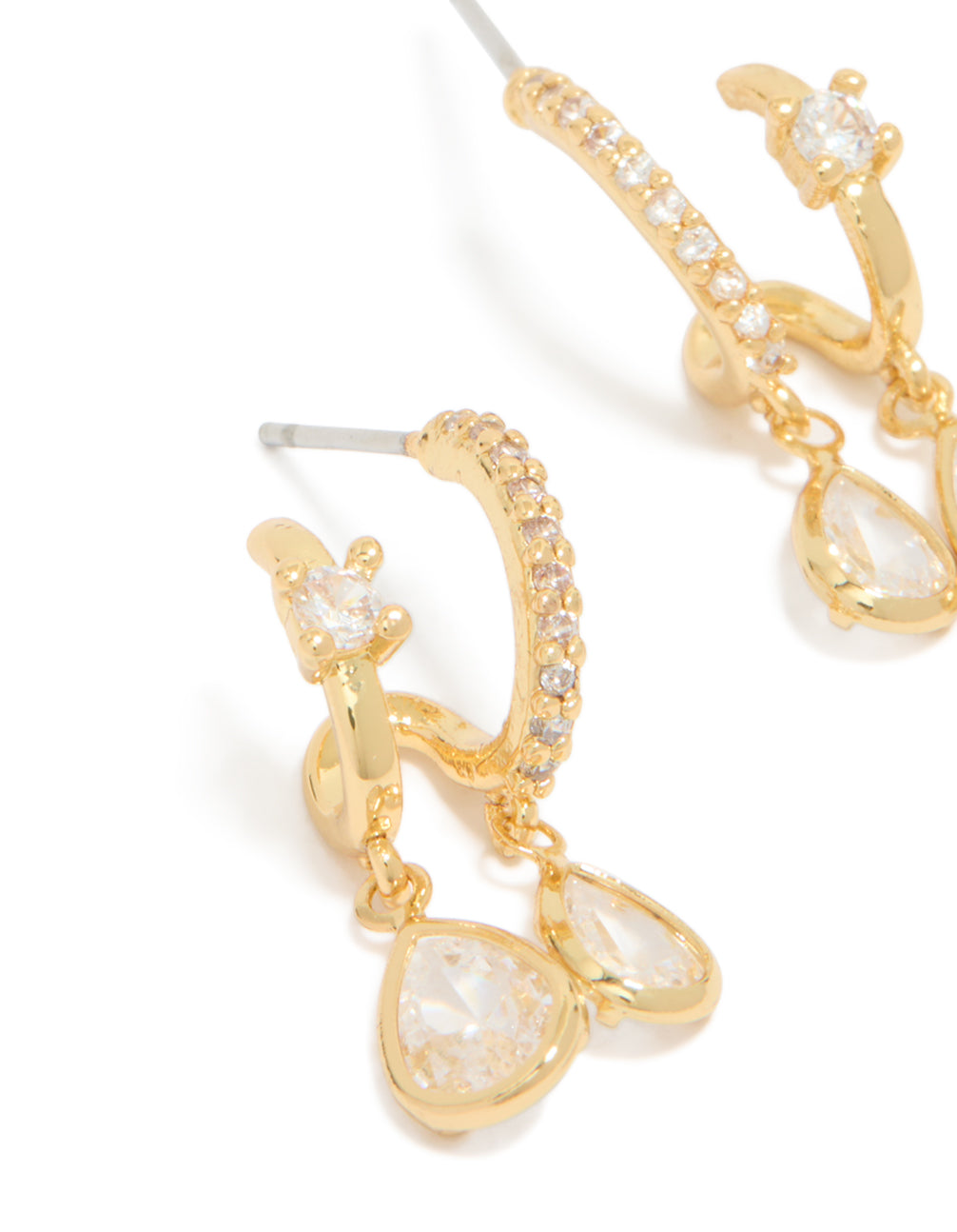 Highlighting gold plated cubic zirconia double drop open hoop stud earrings with clear accents close up view
