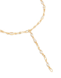 Beautifully crafted gold plated cubic zirconia bezel chain Y-necklace close up view - link has visual effect only