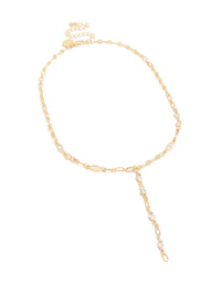 Stunning gold plated cubic zirconia bezel chain Y-necklace front view - link has visual effect only