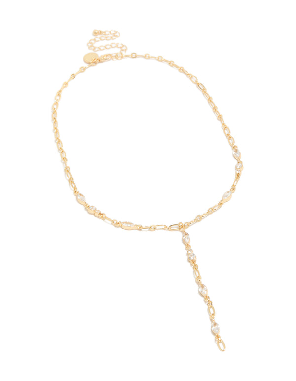 Stunning gold plated cubic zirconia bezel chain Y-necklace front view