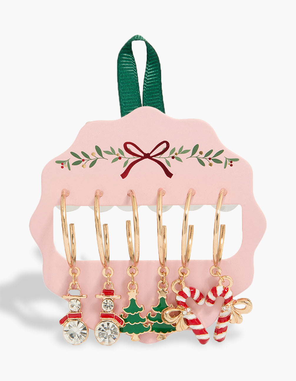 Stylish gold hoop earrings 3-pack featuring diamante snowmen, candy cane, bow and tree motifs in red, white, and green with chunky closure front view