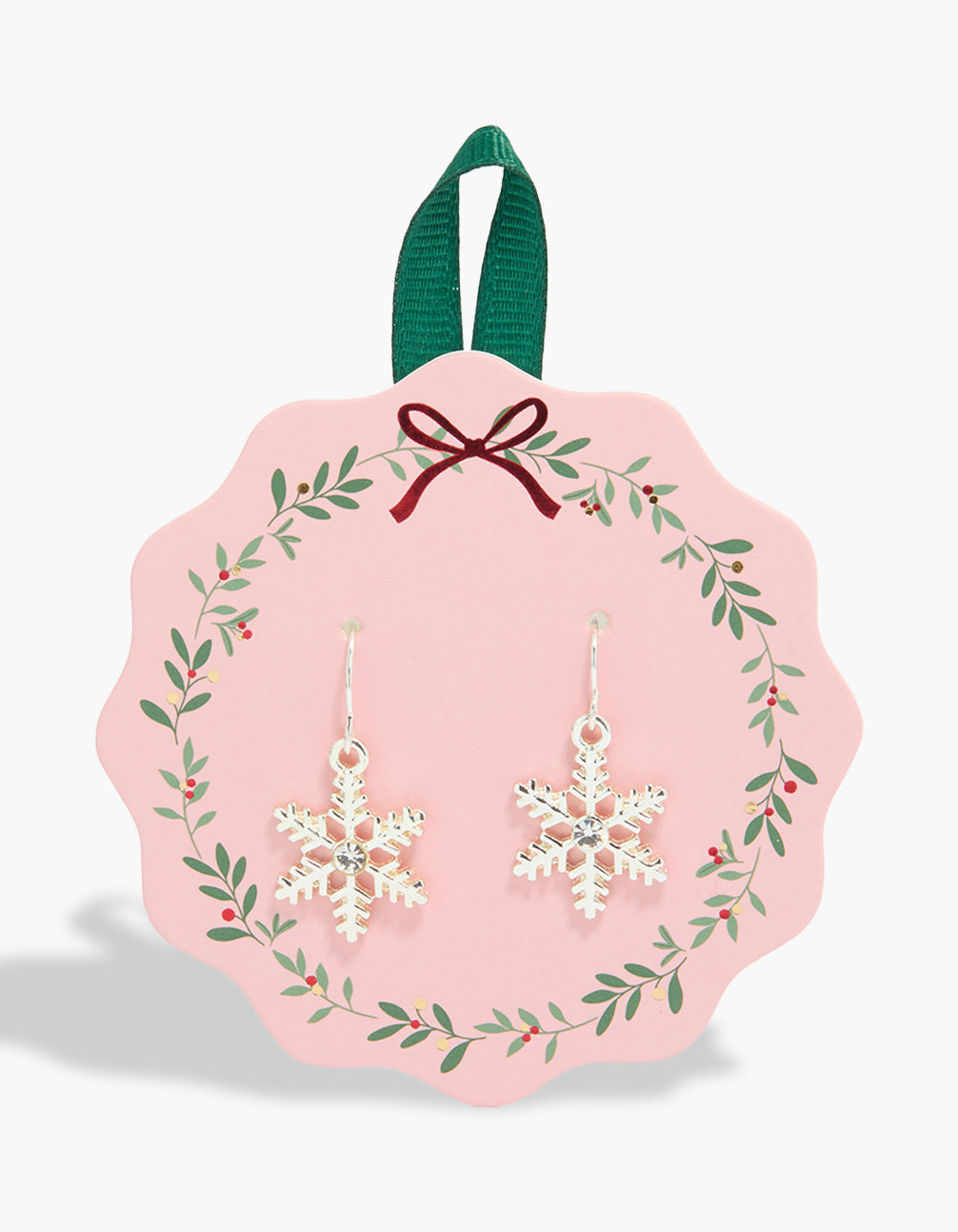 Showcasing statement snowflake drop earrings featuring diamante center in silver front view