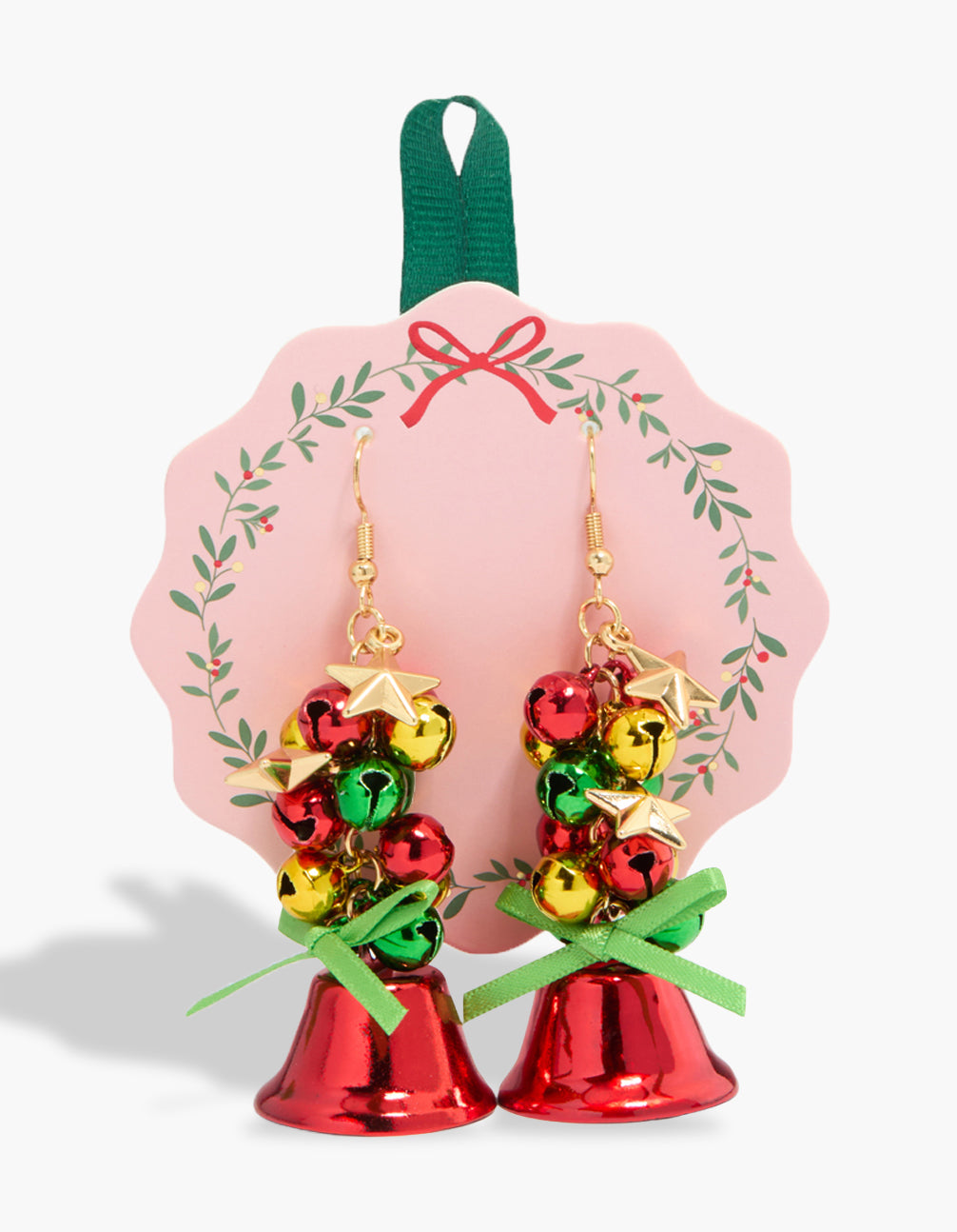 Featuring statement earrings with charm, star, bow, and bell details in gold and red front view