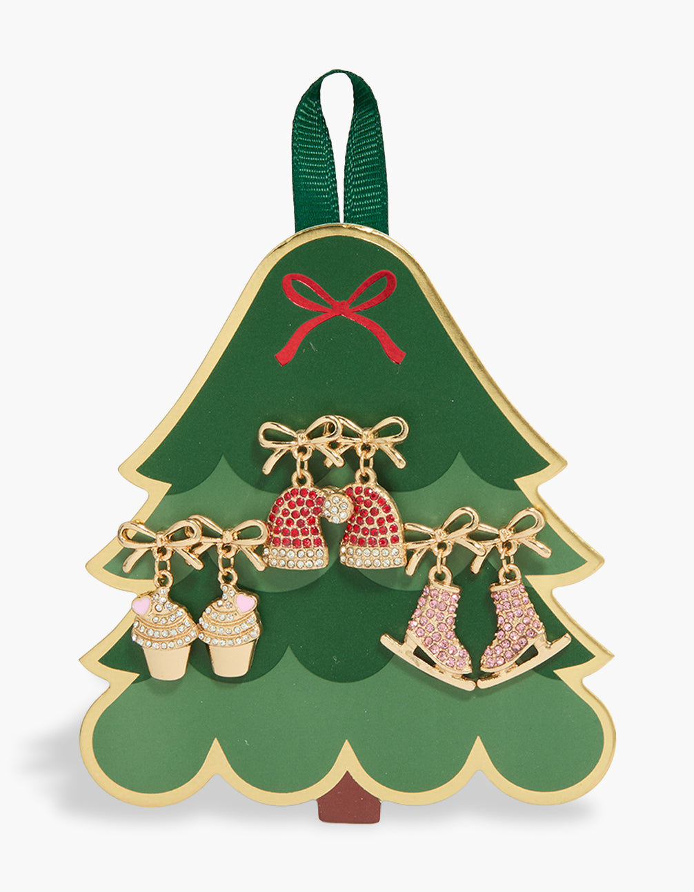 Showcasing a Gold Santa Hat, Cupcake & Ice Skate Earrings 3-Pack featuring bow, heart, and food details in chunky style and stud closure front view