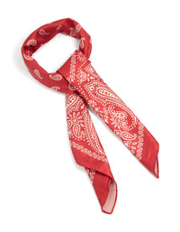 Showcasing a red classic paisley fabric scarf side view - link has visual effect only