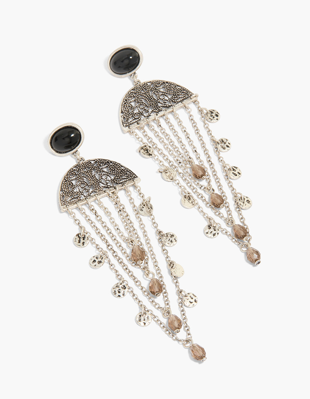 Showcasing statement boho chip drop earrings with charm beads details in silver front view