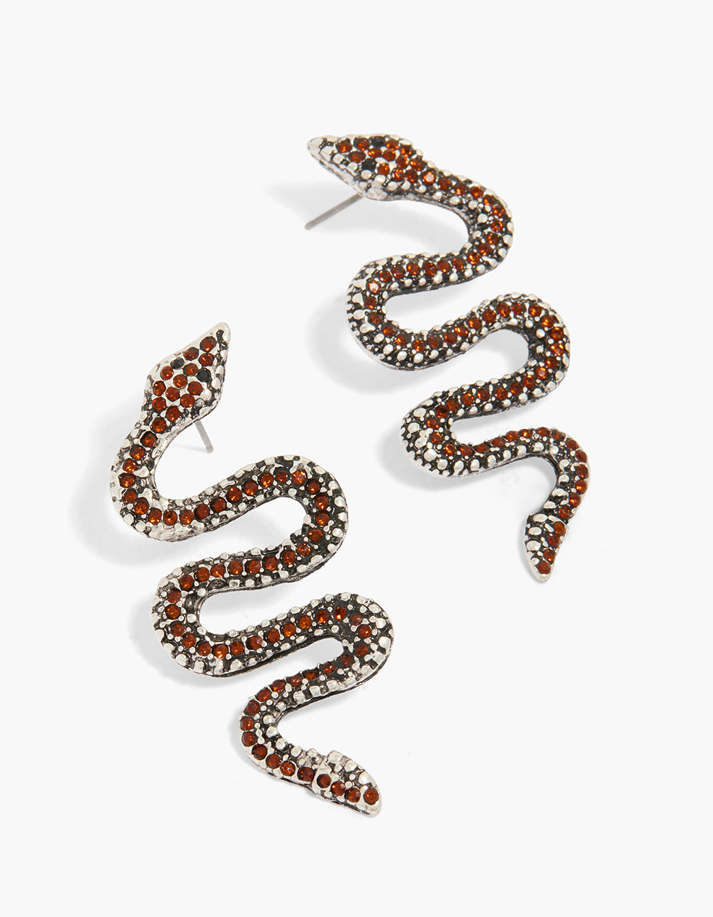 Showcasing silver orange diamante snake statement earrings front view