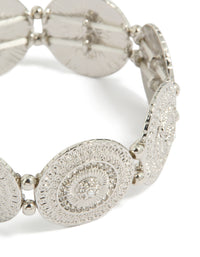 Beautifully crafted silver diamante detailed discs stretch bracelet close up view - link has visual effect only
