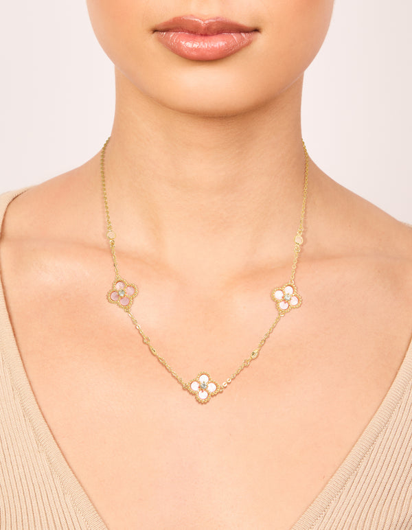 Gold Plated Pink Cubic Zirconia Flower Trio Necklace