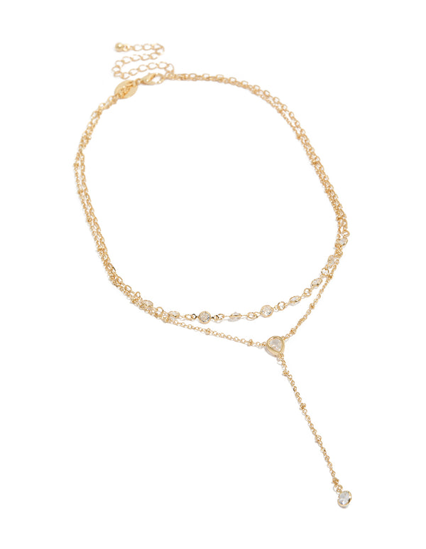 Gold Plated Cubic Zirconia Teardrop Bezel Y-Necklace