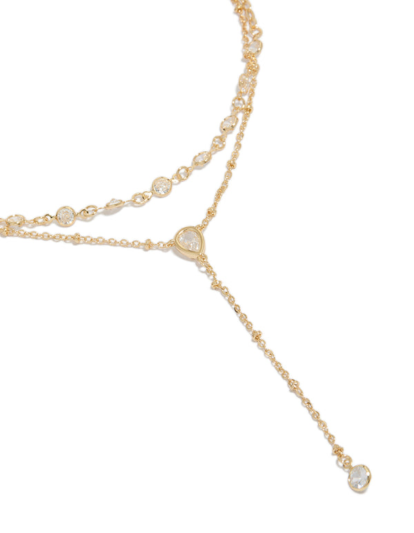 Gold Plated Cubic Zirconia Teardrop Bezel Y-Necklace