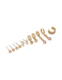 Showcasing gold plated pink cubic zirconia bezel drop earrings gift set front view - link has visual effect only