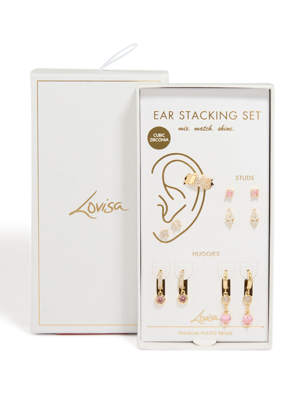 Discover gold plated pink cubic zirconia bezel drop earrings gift set, shown in packaging close up view