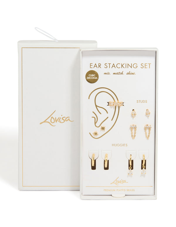 Discover gold plated cubic zirconia star chain drop earrings gift set featuring celestial designs, shown in packaging close up view