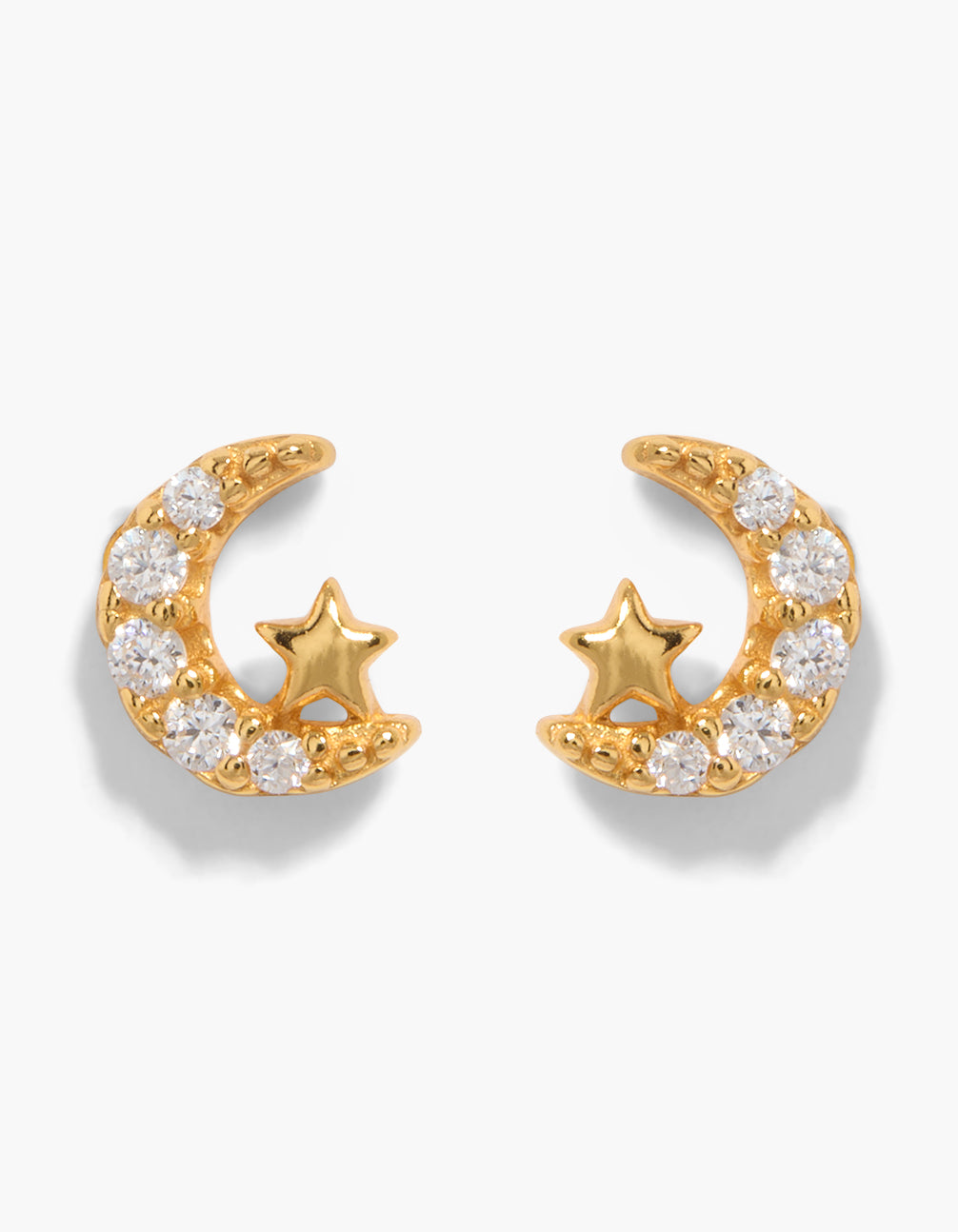 Beautifully crafted gold plated sterling silver cubic zirconia moon and star stud earrings with celestial featuring statement style in clear front view