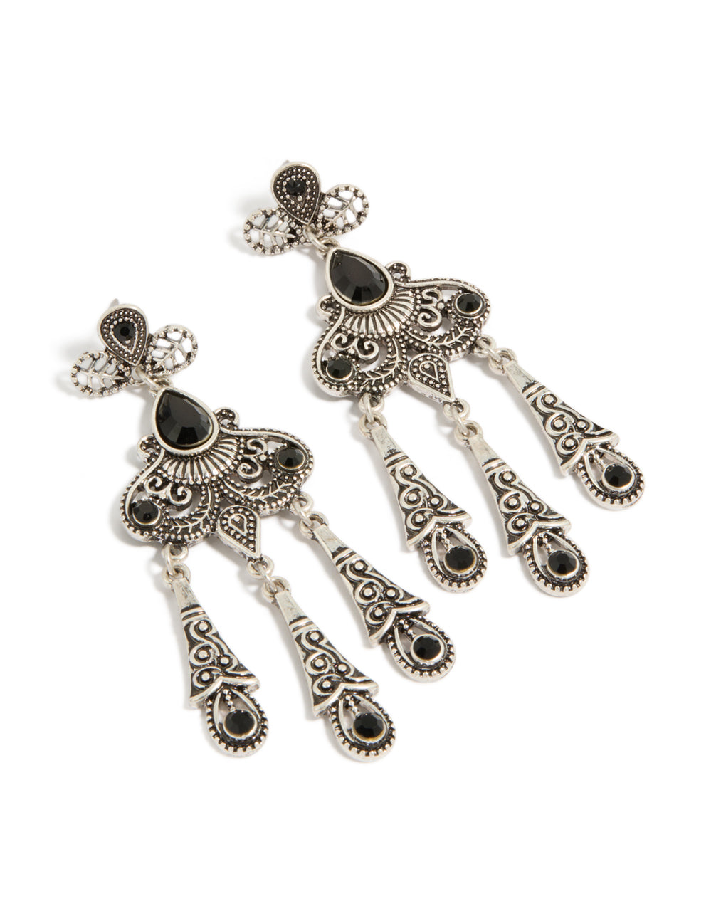 Showcasing statement drop earrings with charm details in silver and black front view