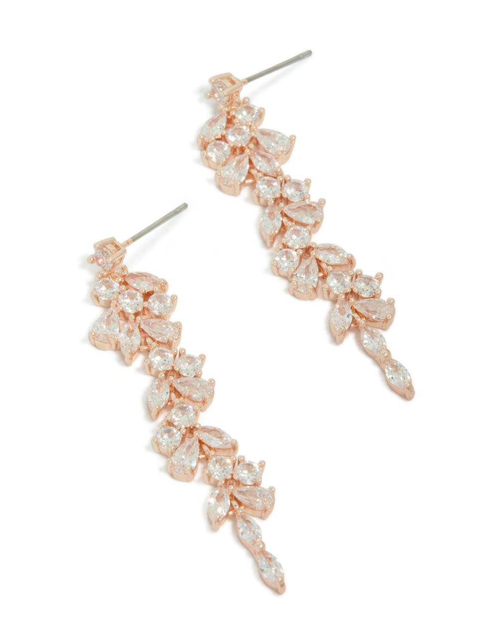 Showcasing rose gold plated cubic zirconia dainty vine drop earrings in statement style front view