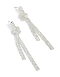 Beautifully crafted silver plated cubic zirconia baguette knot drop earrings in clear front view - link has visual effect only