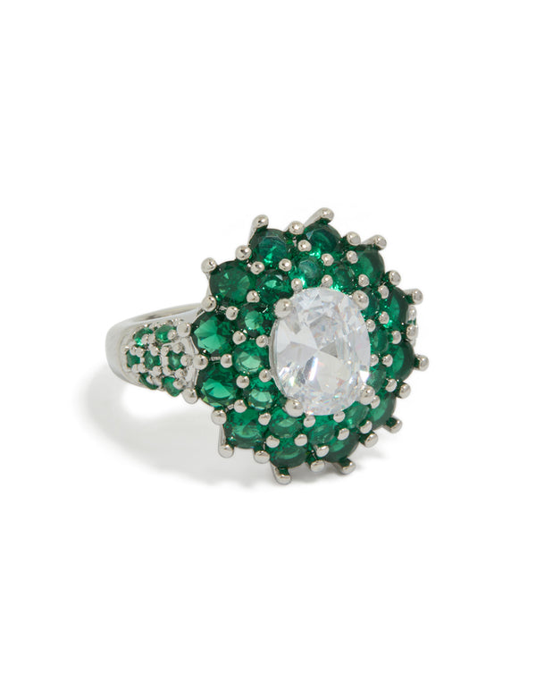 Showcasing a statement cubic zirconia ring with floral design in green and clear on silver crystal material front view