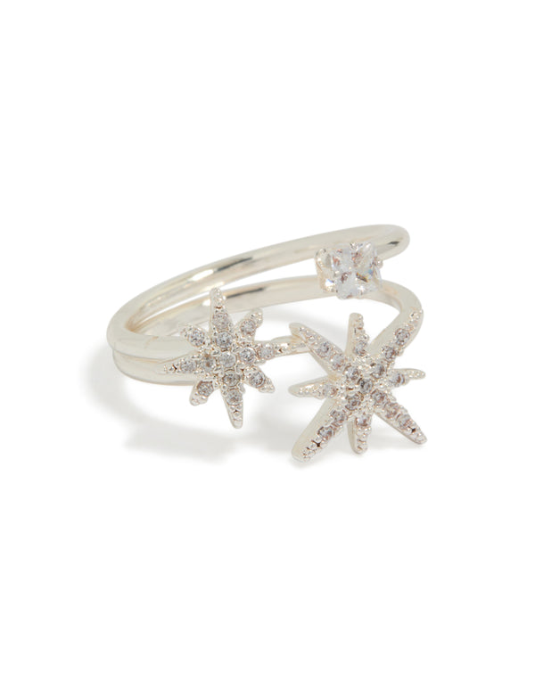 Showcasing a celestial stone ring crafted from silver plated material with cubic zirconia front view