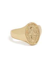 Showcasing a gold plated holy signet ring in a statement style front view - link has visual effect only