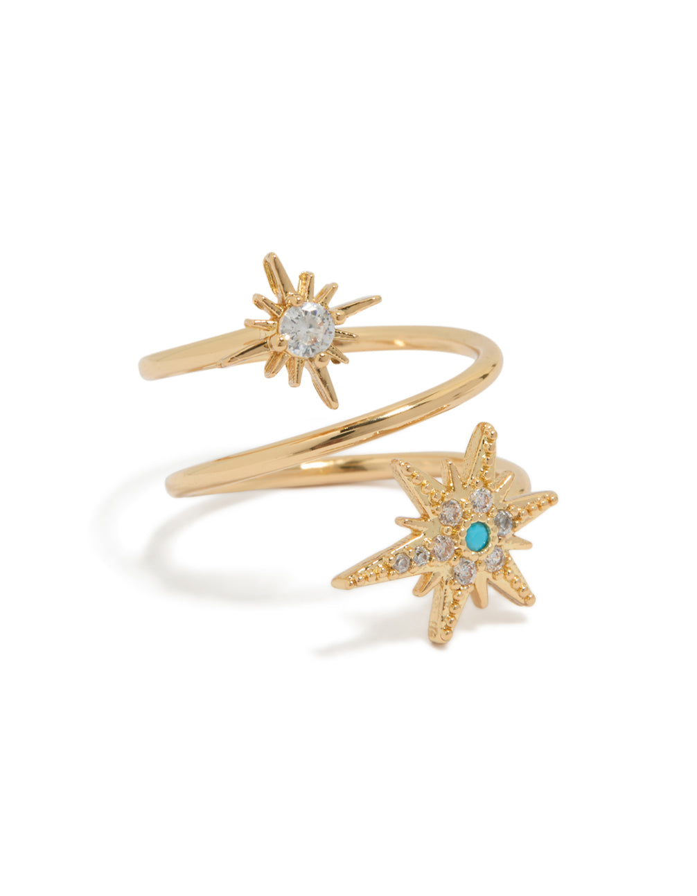 Showcasing a gold plated cubic zirconia shooting star ring with celestial design in aqua and clear front view