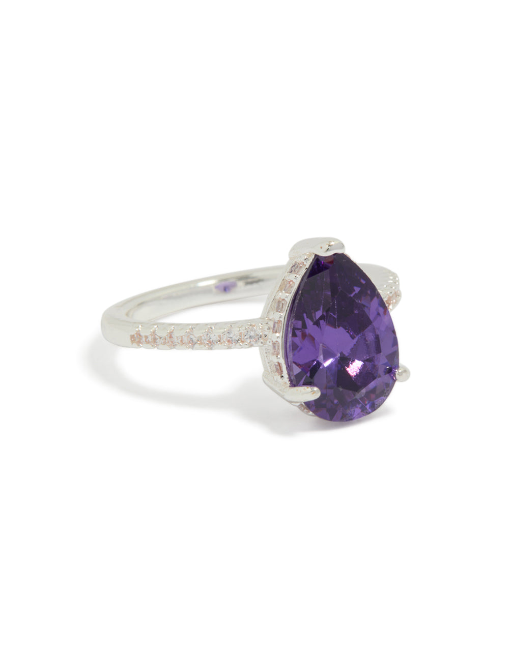 Showcasing a textured ring with pear cut cubic zirconia, crafted from silver plated material and crystal in purple front view