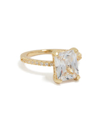 Beautifully crafted gold plated textured square cubic zirconia ring with statement design front view - link has visual effect only