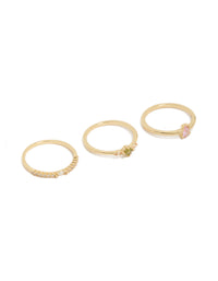 Beautifully crafted gold plated minimalist rings 3-pack featuring cubic zirconia in pink yellow green clear front view - link has visual effect only