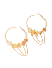 Showcasing orange chip and gold chain hoop earrings featuring beads front view - link has visual effect only