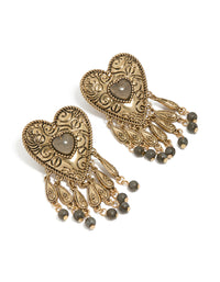 Showcasing antique gold textured heart drop earrings with beads, and charm details in statement style front view - link has visual effect only