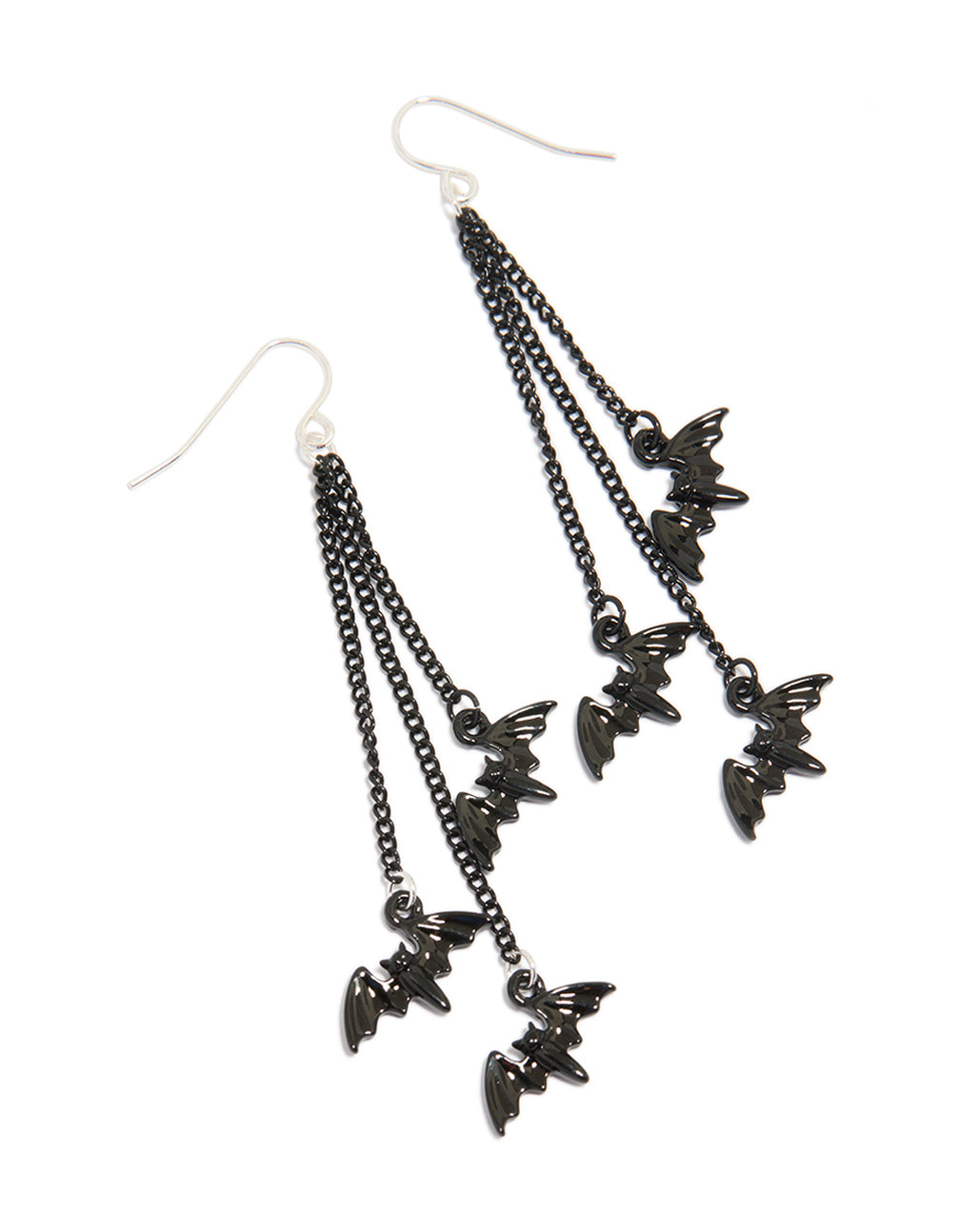 Showcasing multi chain bat drop earrings featuring charms in black and silver tones front view