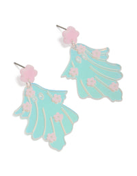 Blue acrylic ghost pink flowers drop earrings featuring floral accents in aqua and light grey front view - link has visual effect only