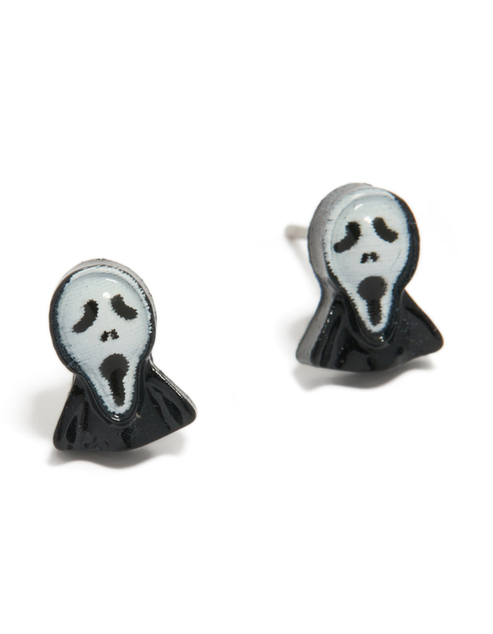 Showcasing Ghost Face stud earrings in white and black front view