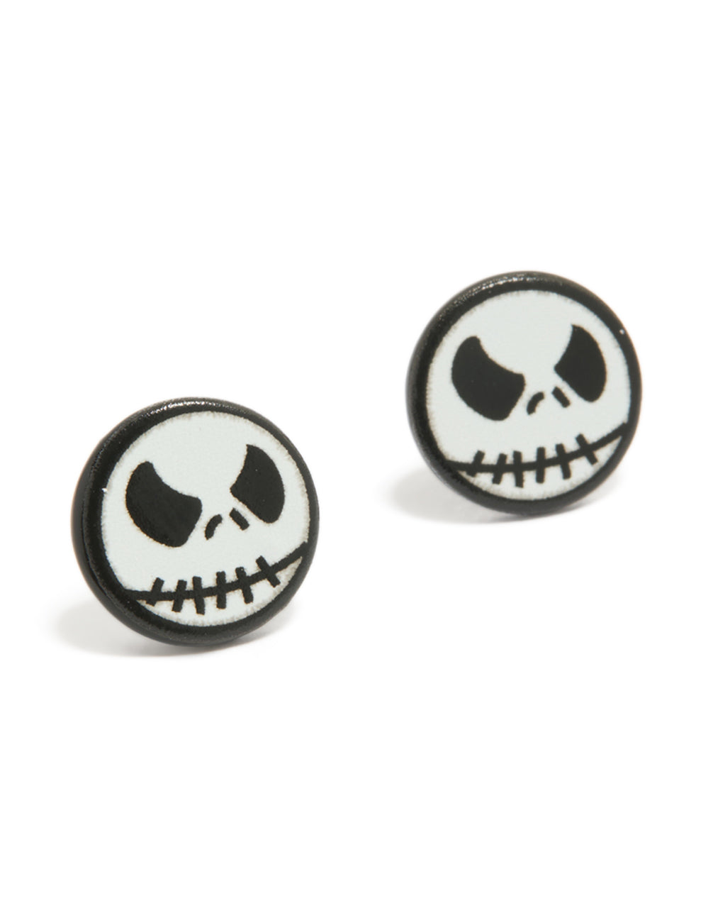 Showcasing black coated metal skeleton face stud earrings in chunky style and white accents front view