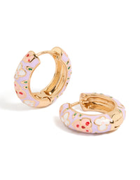Beautifully crafted chunky floral enamel huggie earrings in lavender and light pink with gold accents front view - link has visual effect only
