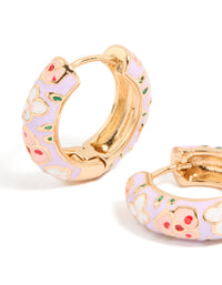 Featuring chunky floral enamel huggie earrings in lavender and light pink with gold accents highlighting intricate petal details close up view - link has visual effect only