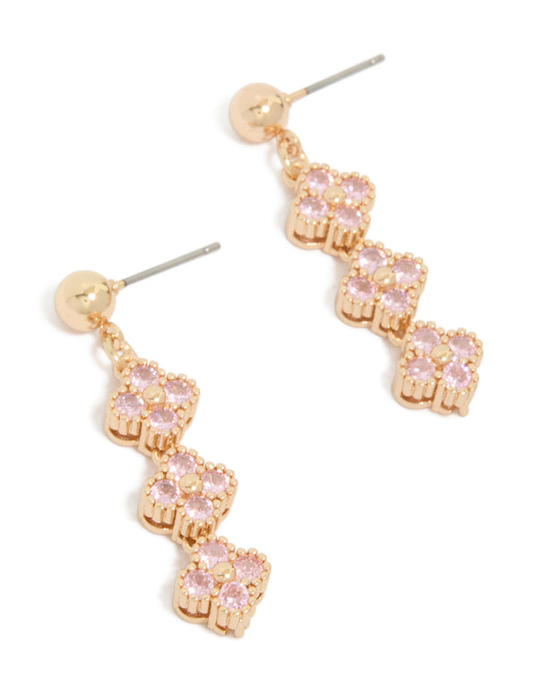 Showcasing gold pink cubic zirconia flower trio drop earrings design front view