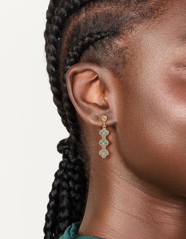 Crafted from gold cubic zirconia, these blue flower drop earrings features turquoise stones on ear view